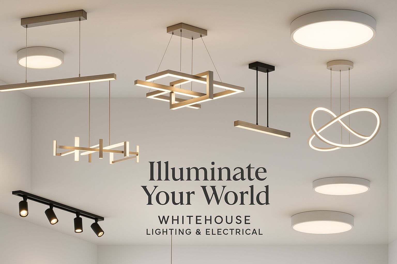 create a very high definition of many ceiling lights of the most modern form that you would see in a lighting and electrical store and include a nice slogan on it