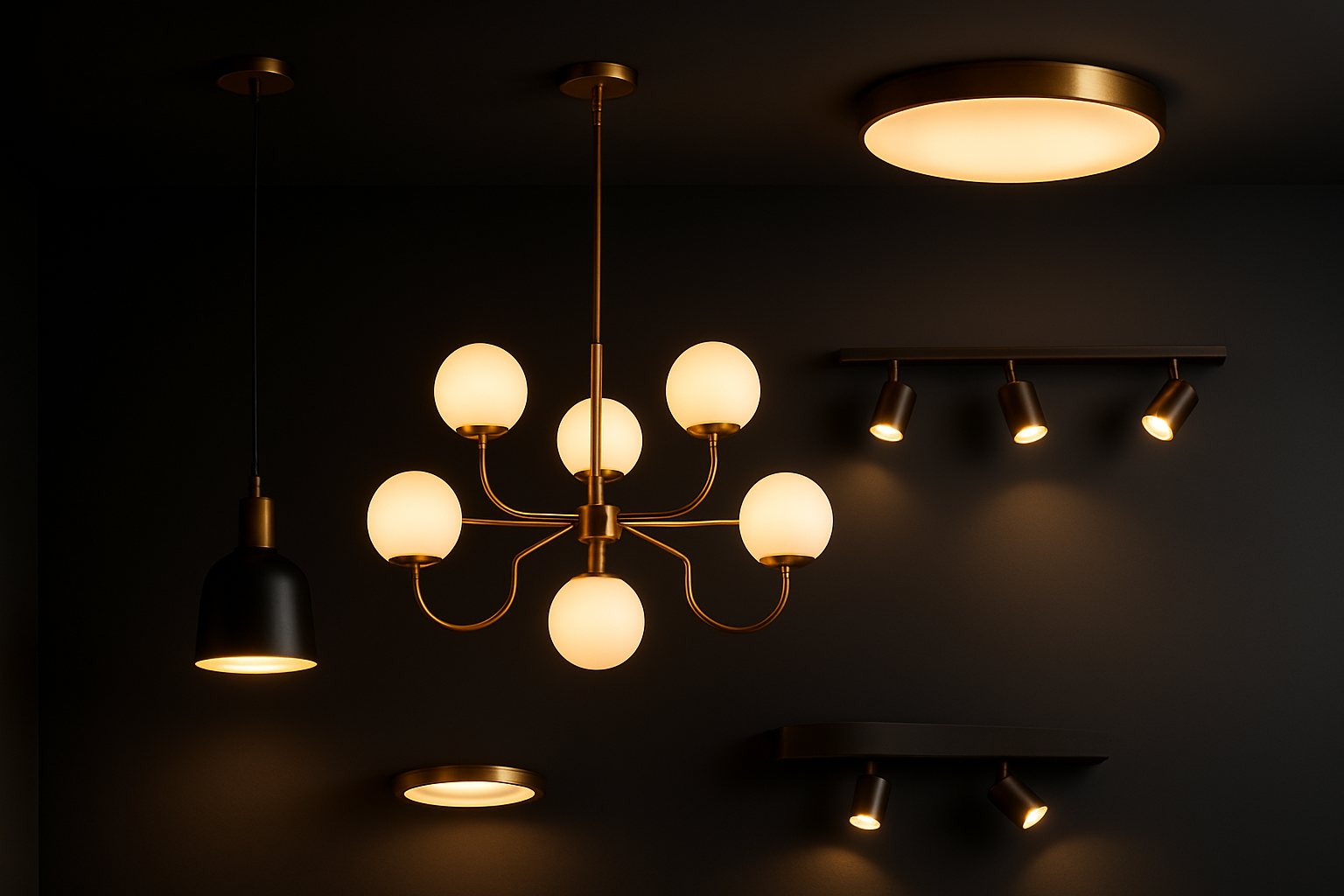 CREATE AN ELEGANT IMMAGE ON A BLACK AND GREY BACKGROUND WITH VARIOUS CELLING LIGHT