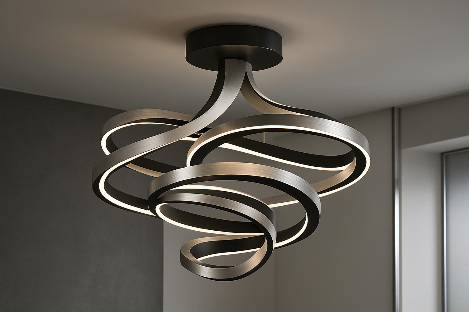 generate an extremely elegant celling lights, innovative and  futuristic. modern and with natural grey, black, white and silver background