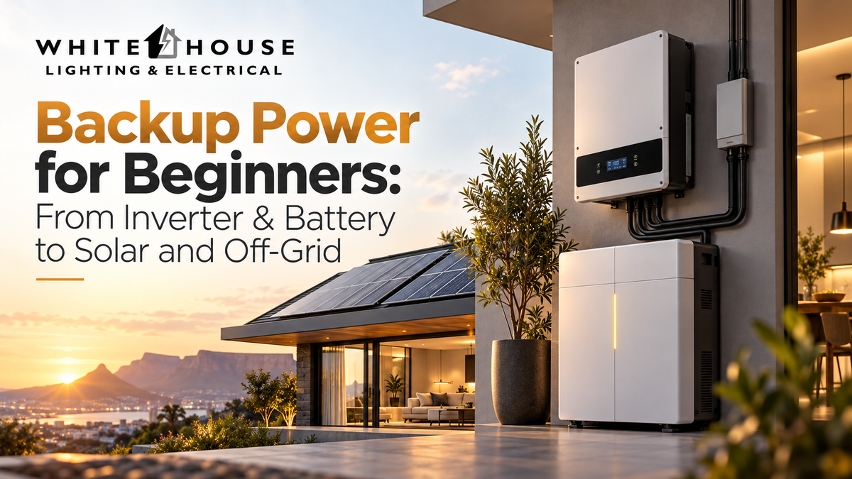 Modern South African home with solar panels, hybrid inverter and lithium battery illustrating a beginner journey from backup power to solar and off-grid energy.