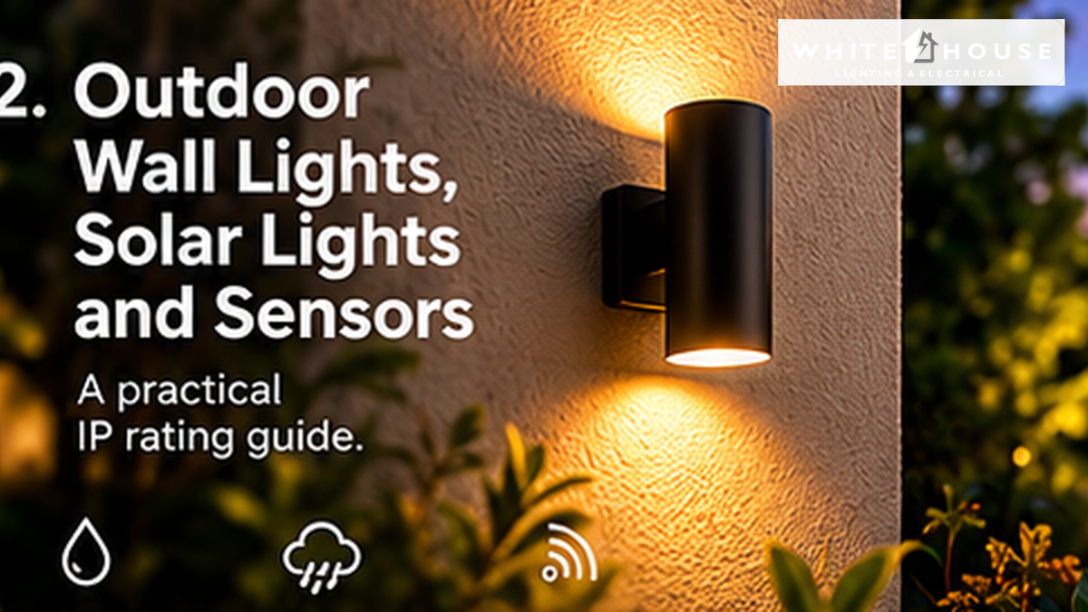 Outdoor wall light and garden lighting setup illustrating IP ratings, solar lights and sensor-controlled outdoor lighting.
