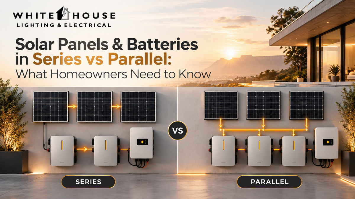 Solar panels and lithium batteries arranged in series and parallel configurations, illustrating the difference between voltage, current and system expansion.