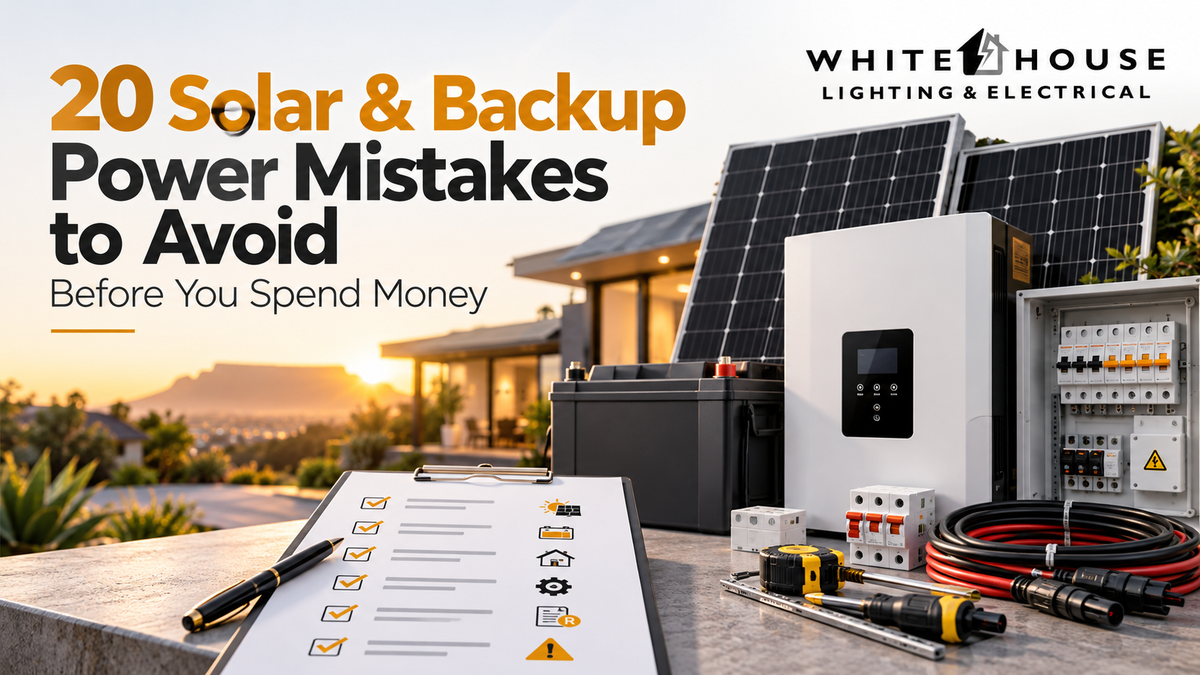Solar panels, inverter, battery, protection equipment and installation checklist illustrating common solar and backup power mistakes to avoid.