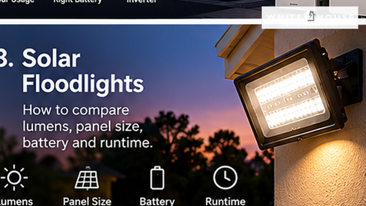 Solar floodlight mounted outdoors illustrating how to compare lumens, solar panel size, battery capacity and runtime.
