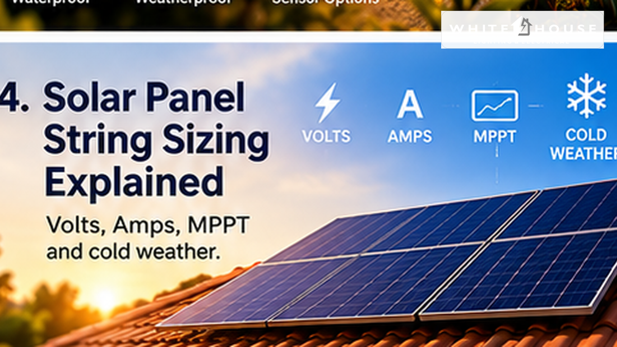 Rooftop solar panels illustrating string sizing, voltage, current, MPPT limits and cold-weather solar design considerations.