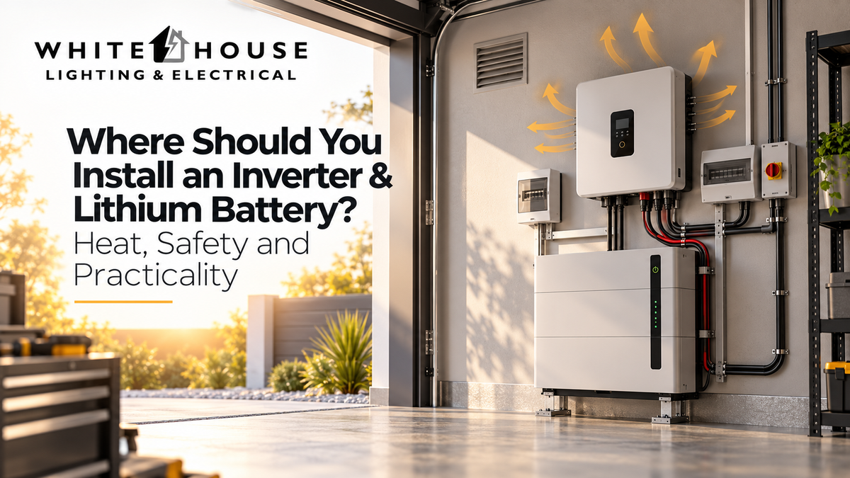 Hybrid inverter and lithium battery installed neatly in a ventilated garage, illustrating safe placement, airflow, heat management and service access.