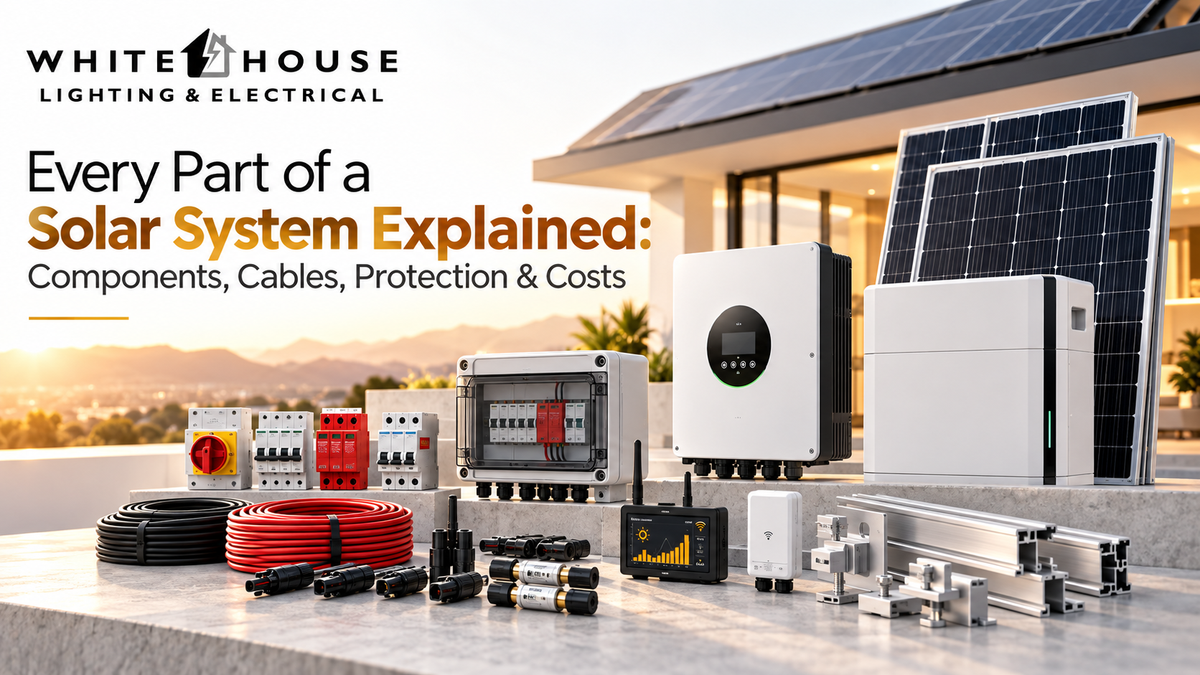 Complete solar system components including panels, inverter, lithium battery, combiner box, cables, protection devices, connectors and mounting hardware.