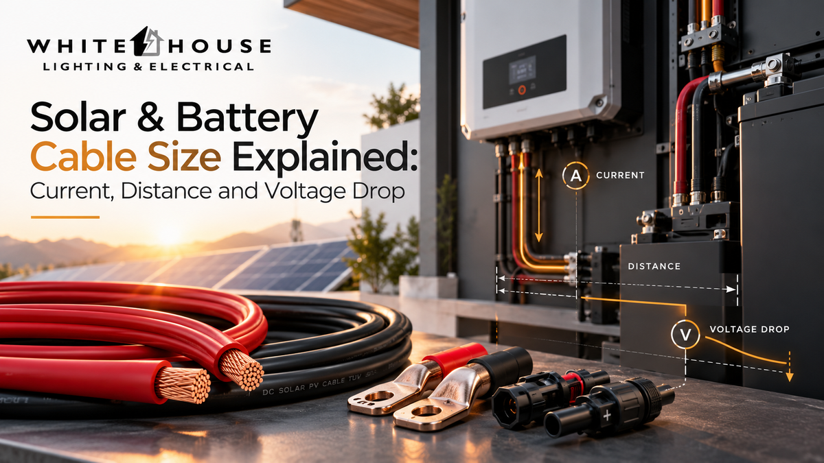  Solar and battery cables with copper conductors, terminals and connectors illustrating cable size, current, distance and voltage drop in a solar installation.