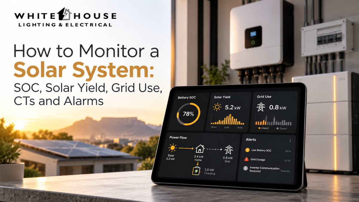 Solar monitoring dashboard showing battery state of charge, solar yield, grid use, power flow and system alarms for a home solar installation.