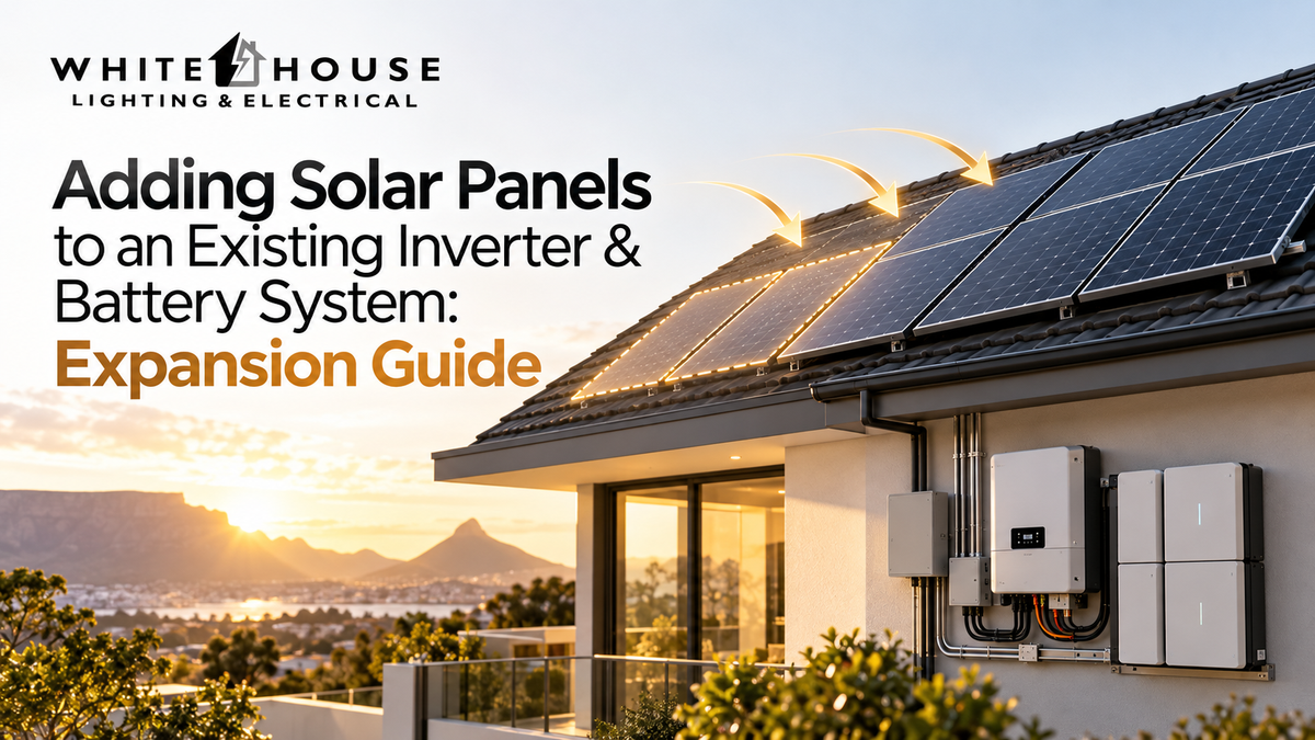 Rooftop solar array being expanded with additional panels connected to an existing inverter and lithium battery system on a modern South African home.