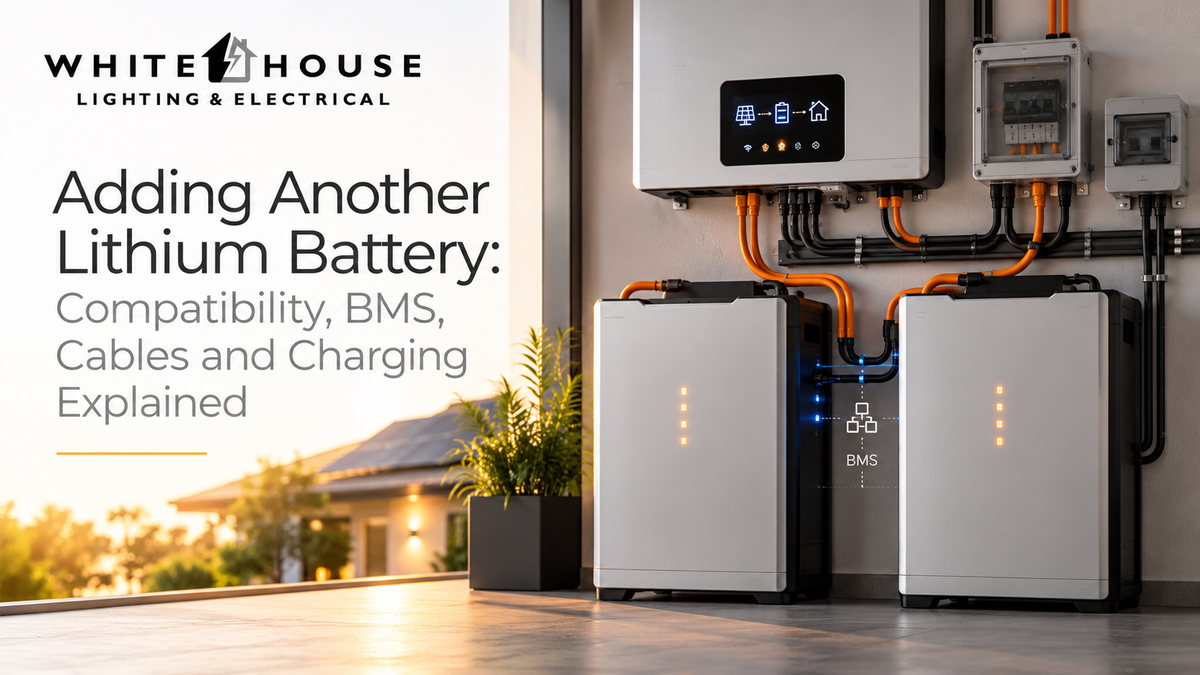 Two lithium batteries connected to a hybrid inverter with BMS communication, illustrating battery expansion, compatibility, cabling and charging considerations.