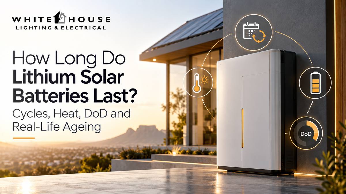 Lithium solar battery in a modern home with icons representing cycle life, heat, depth of discharge and long-term battery ageing.