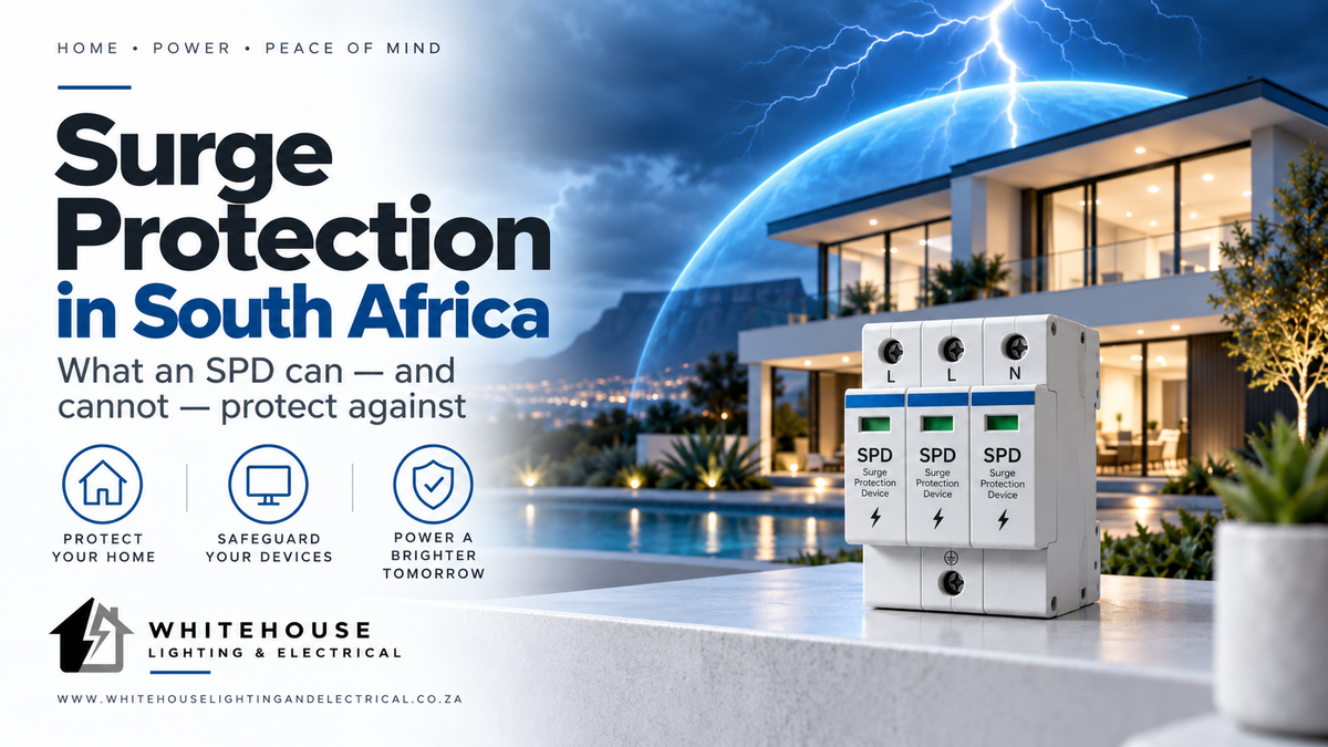 Surge protection device in front of a modern South African home with lightning overhead, illustrating electrical surge protection for household equipment.