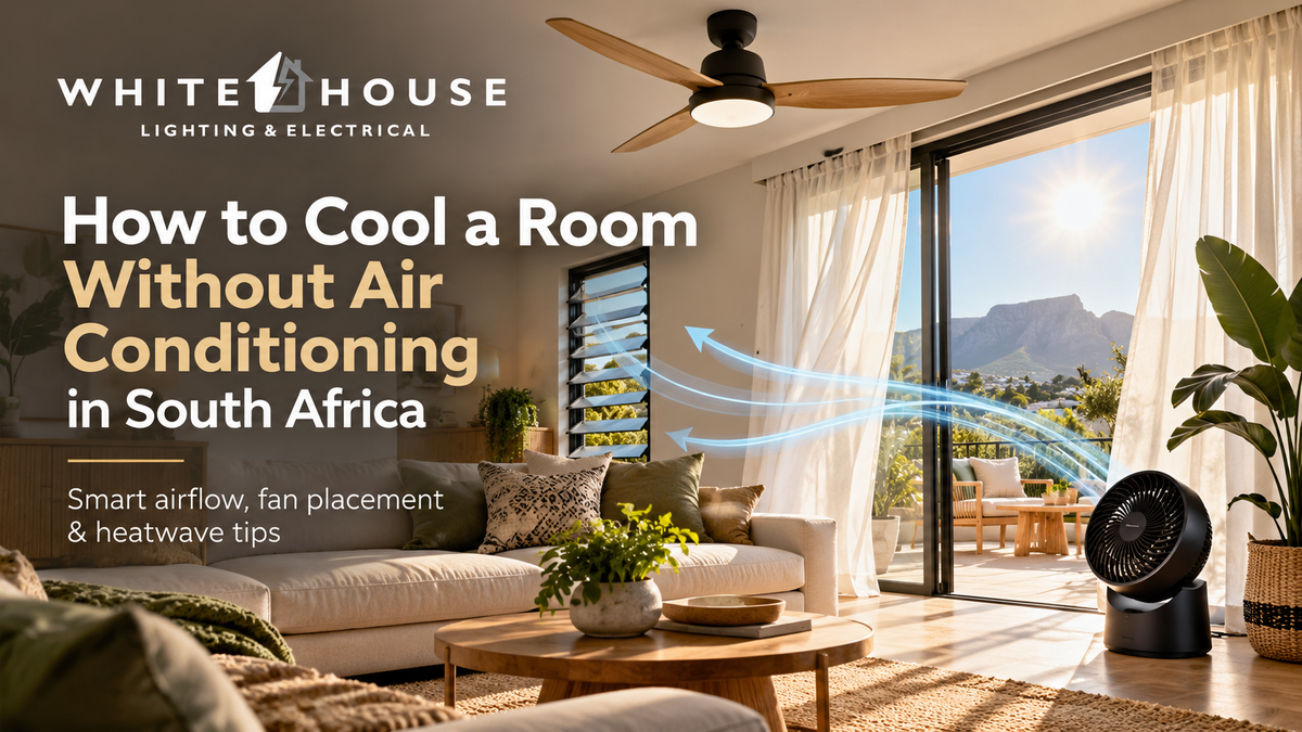 Modern South African living room with ceiling and portable fans illustrating how to cool a room without air conditioning.