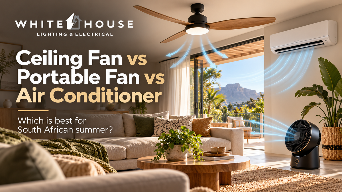 Ceiling fan, portable fan and air conditioner compared in a modern South African living room for summer cooling.
