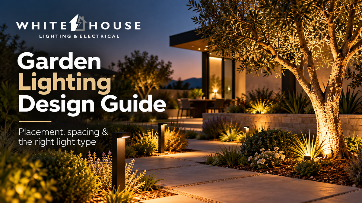 odern landscaped garden with pathway, bollard and tree lighting illustrating garden lighting placement and spacing.