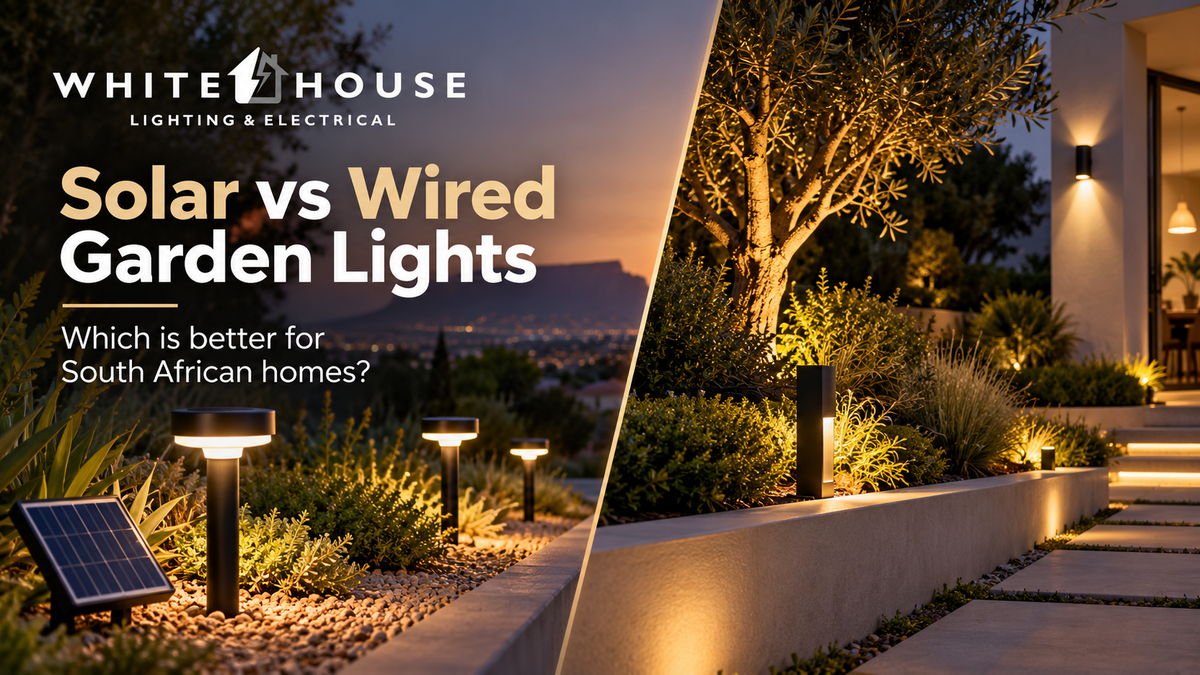 Solar garden lights compared with wired outdoor garden lighting in a modern South African home.