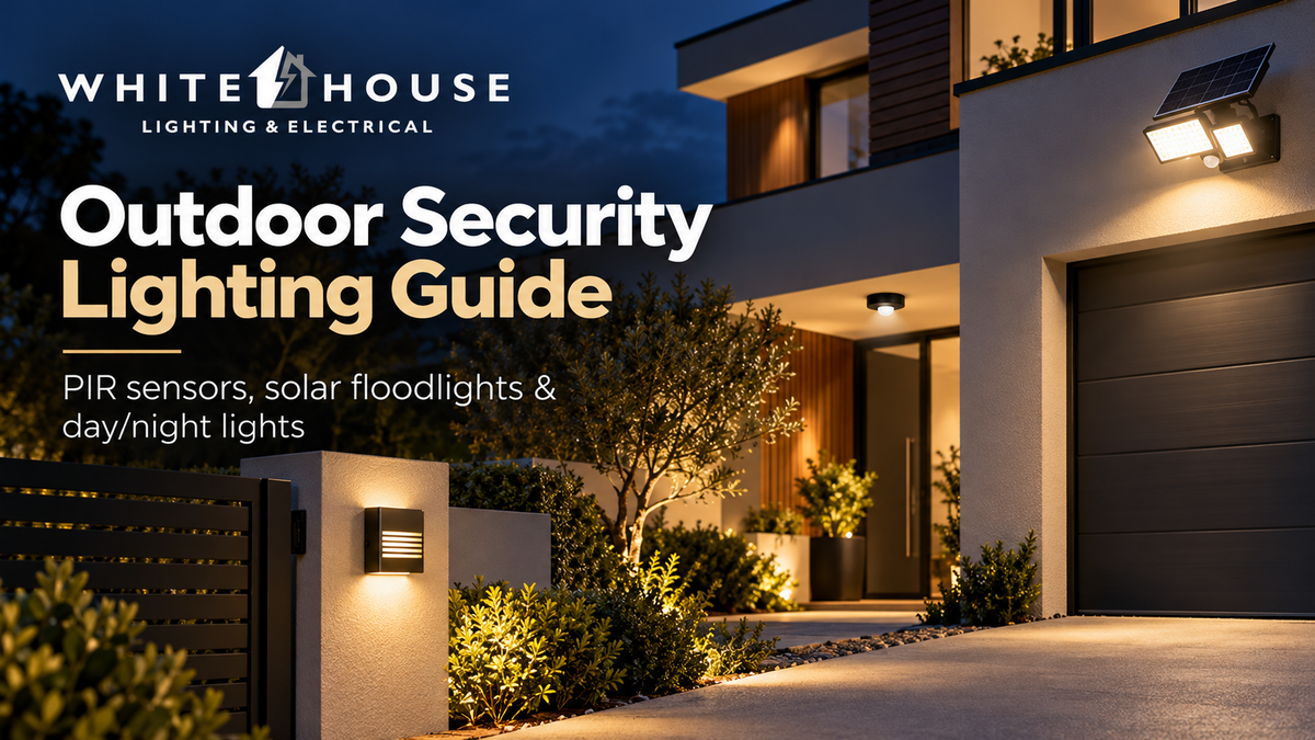 Modern home exterior with solar floodlight, wall lights and outdoor security lighting for gates and driveways.