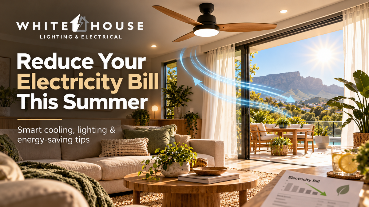 Energy-efficient South African summer home with ceiling fan and natural airflow illustrating ways to reduce electricity use.