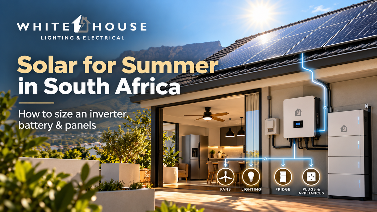 South African home with rooftop solar panels, inverter and battery system powering summer household loads.