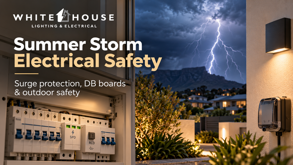 Electrical distribution board, surge protection and outdoor electrical equipment during a South African summer thunderstorm.
