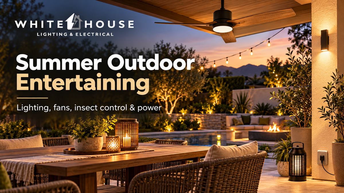 Modern summer patio with ceiling fan, string lights, garden lighting and insect-control equipment for outdoor entertaining.