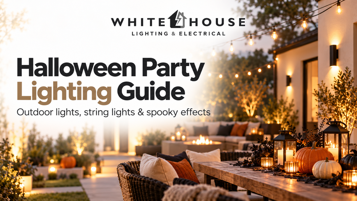 Halloween outdoor party lighting with warm string lights, garden lights, lanterns and decorative lighting for a modern patio.