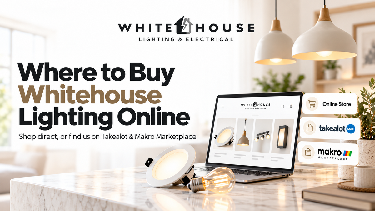 Whitehouse Lighting & Electrical online shopping guide showing the Whitehouse store, Takealot and Makro Marketplace shopping options.