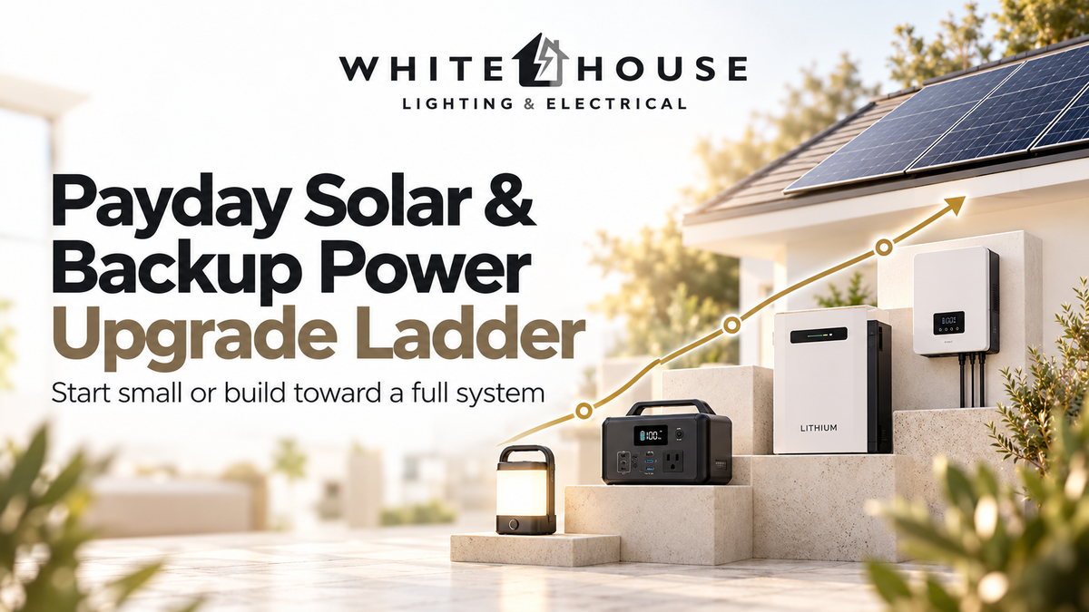 Solar and backup power upgrade ladder showing rechargeable lighting, portable backup power, lithium battery, inverter and rooftop solar panels.