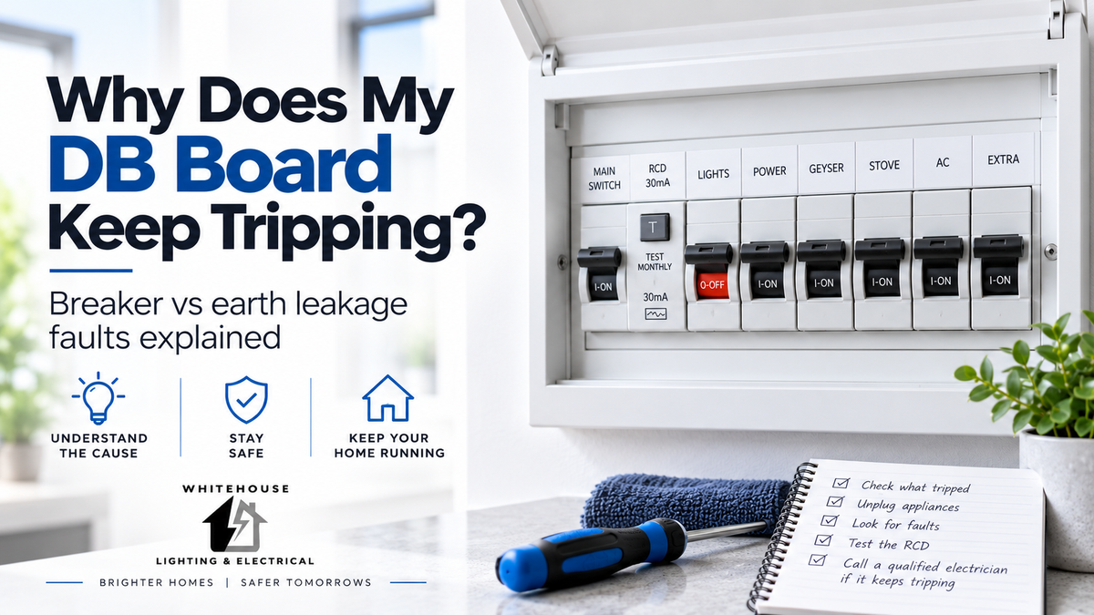 Home electrical DB board with a tripped circuit breaker and earth leakage device, illustrating common breaker and earth leakage faults in South African homes.