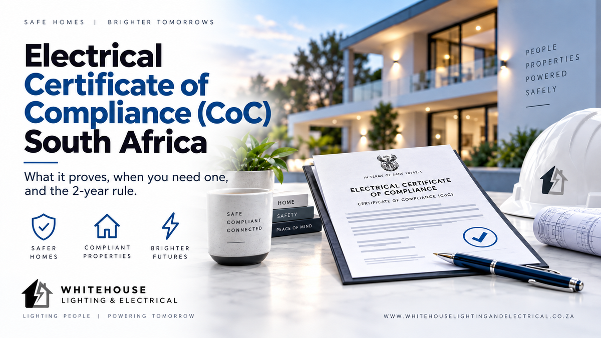 Electrical Certificate of Compliance document with a modern South African home, electrician safety equipment and electrical compliance symbols.