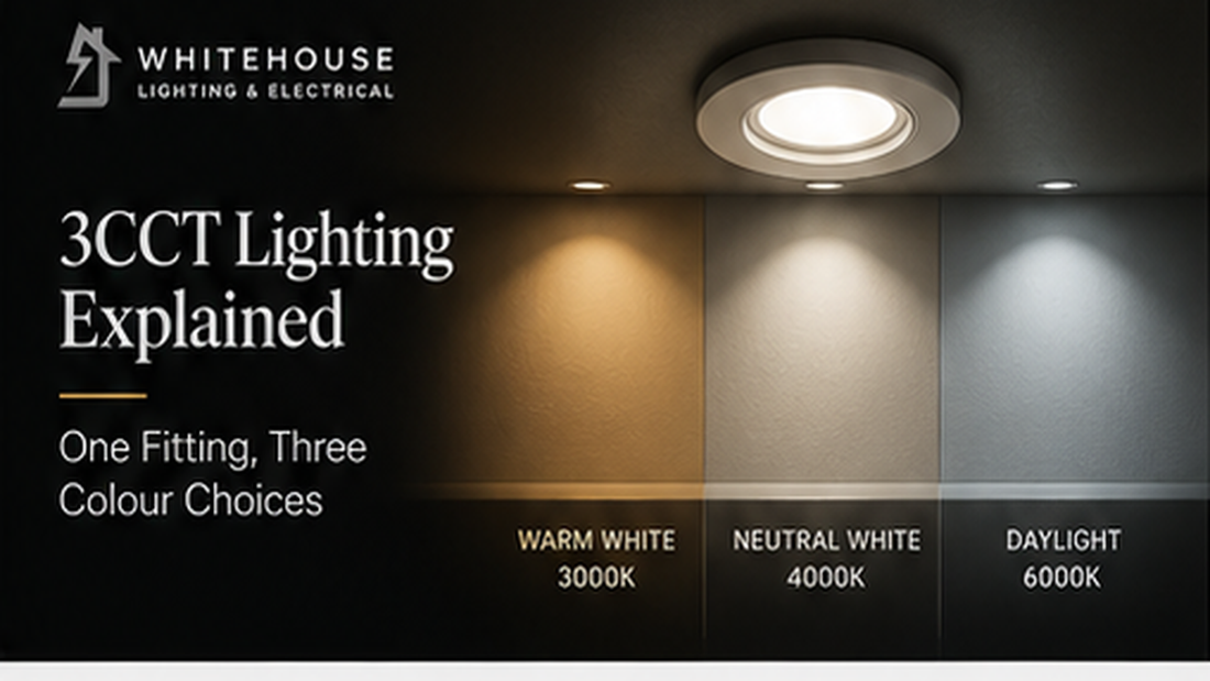 3CCT Lighting Explained — One Fitting, Three Colour Choices Alt text: 3CCT lighting guide showing one fitting with warm white, neutral white and daylight colour options.