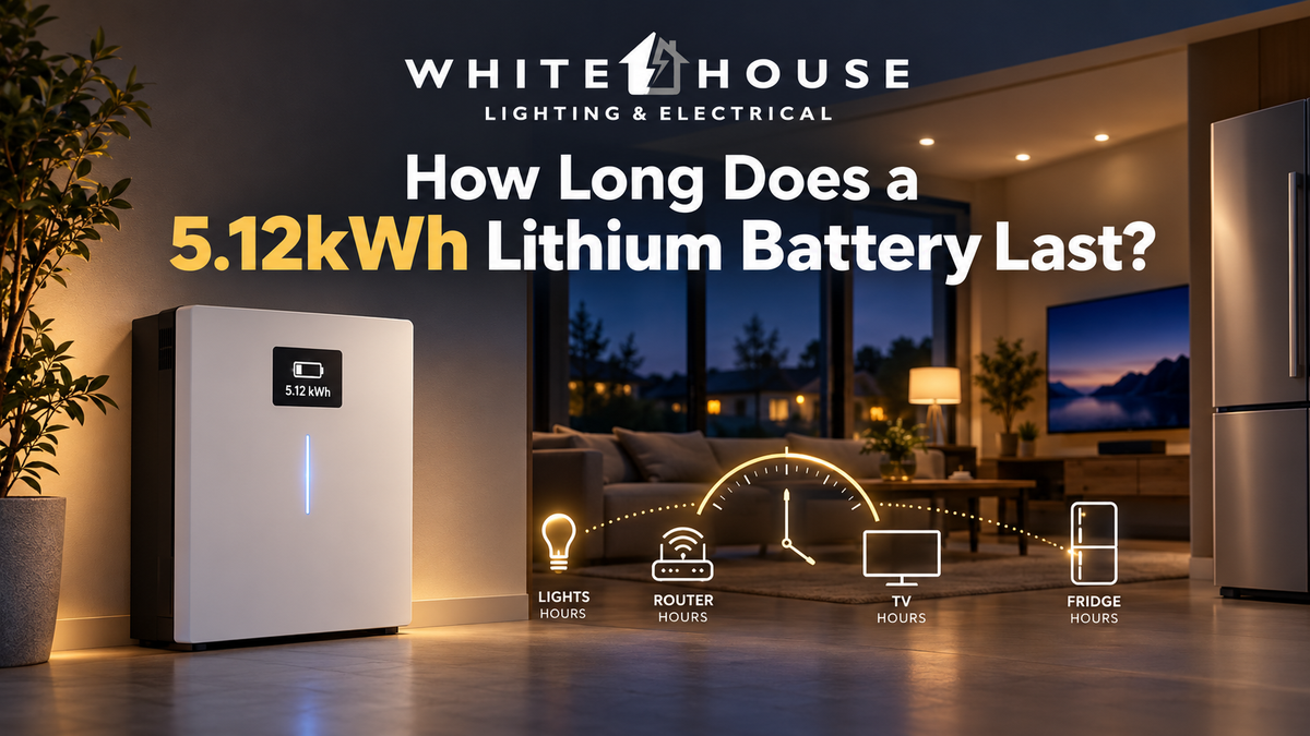 5.12kWh lithium battery with a modern home backup system illustrating how battery runtime depends on appliance load and usable capacity.
