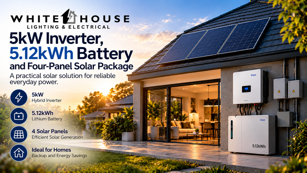 Modern South African home with rooftop solar panels, a 6kW hybrid inverter and 5.12kWh lithium battery, illustrating a six-panel hybrid solar package for reliable home power.