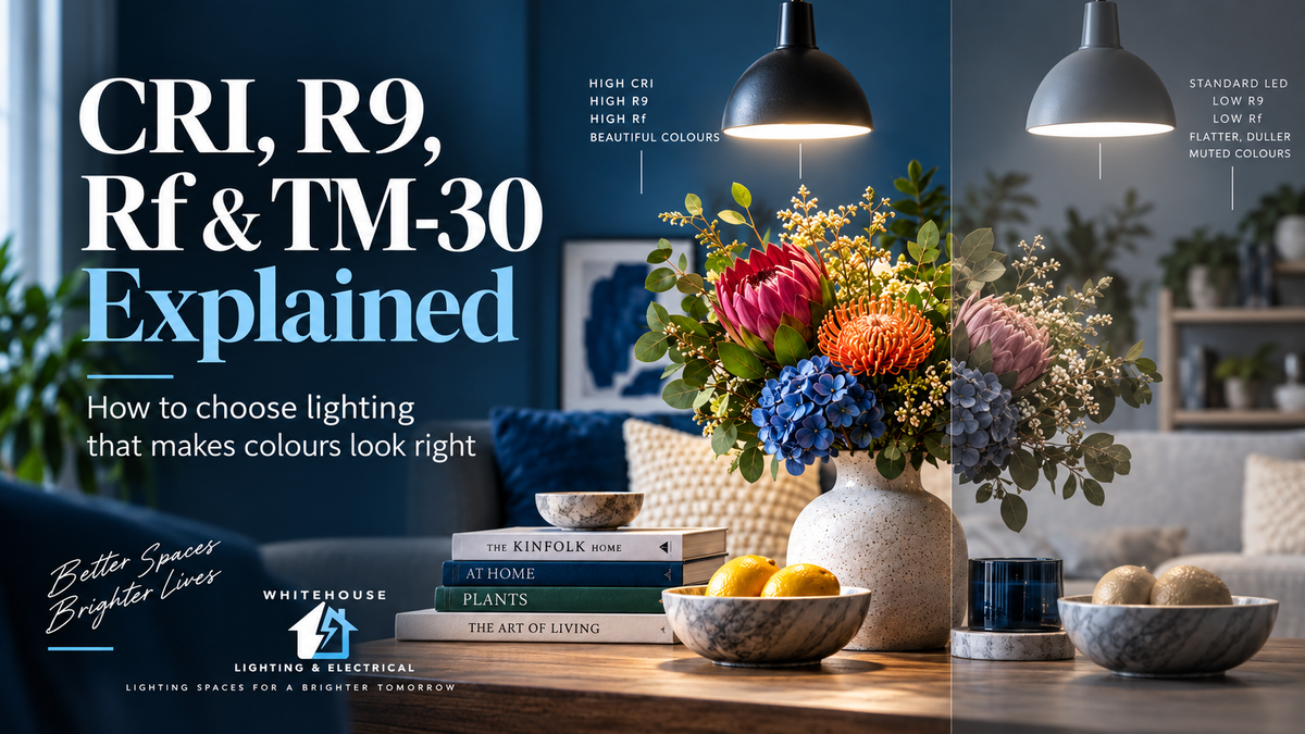 High colour-rendering and standard LED lighting compared over colourful flowers and home decor to demonstrate CRI, R9, Rf and TM-30 lighting quality.