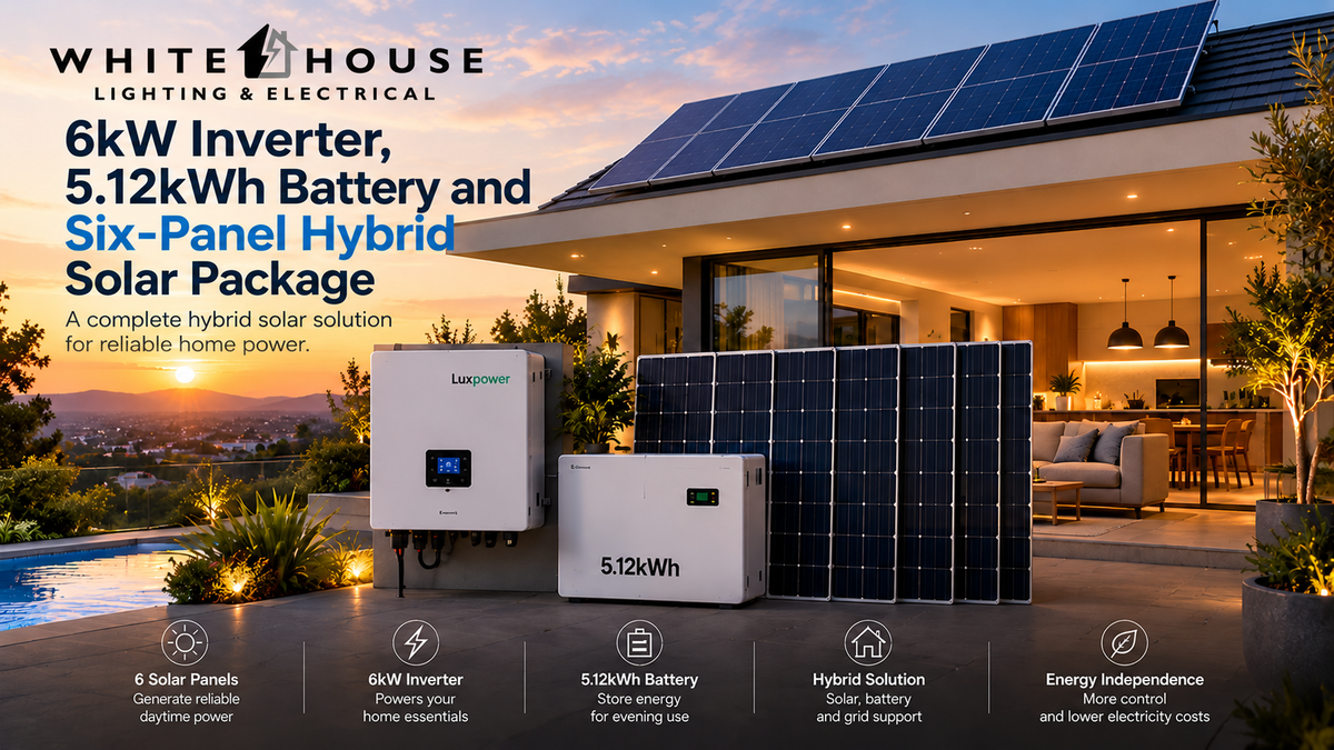 Modern South African home with rooftop solar panels, a 6kW hybrid inverter and 5.12kWh lithium battery, illustrating a six-panel hybrid solar package for reliable home power.