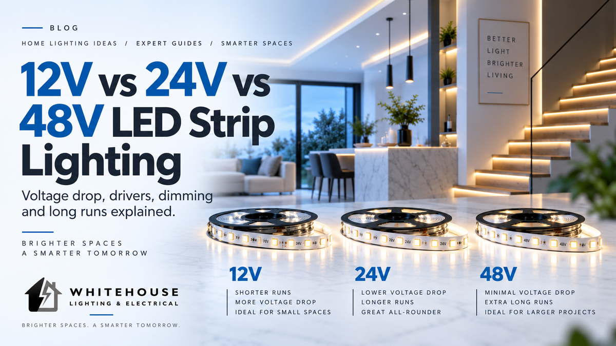12V, 24V and 48V LED strip lighting reels compared in a modern interior with examples of voltage drop, longer runs and lighting applications.
