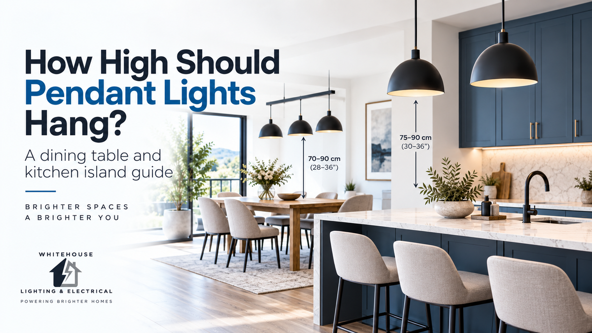 Modern kitchen island and dining table with pendant lights showing recommended hanging heights and spacing measurements above work surfaces.