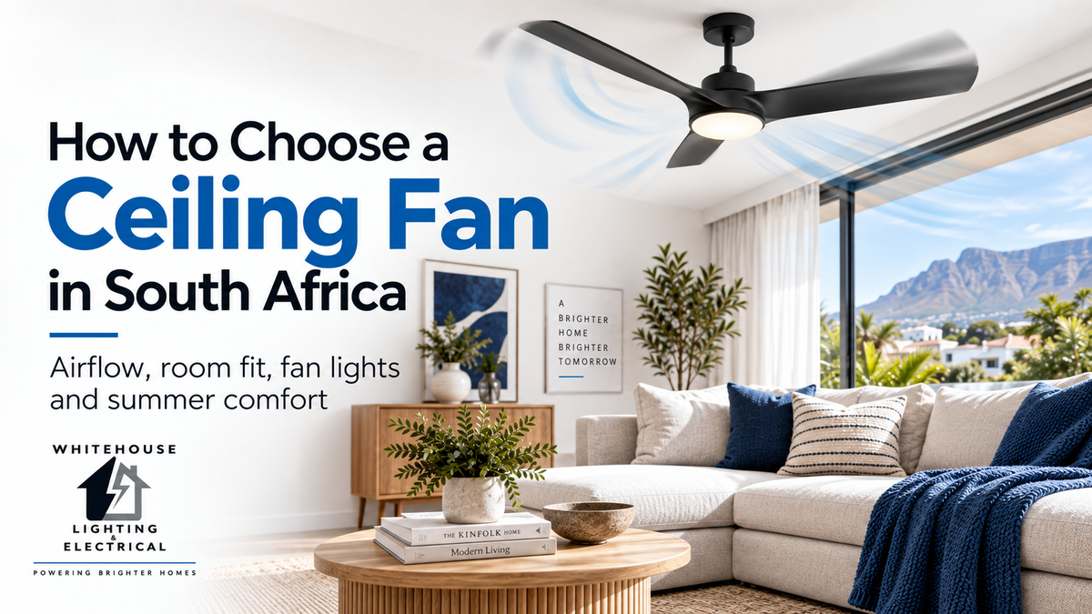 Modern black ceiling fan with integrated light in a South African living room, illustrating airflow, room suitability and summer comfort.