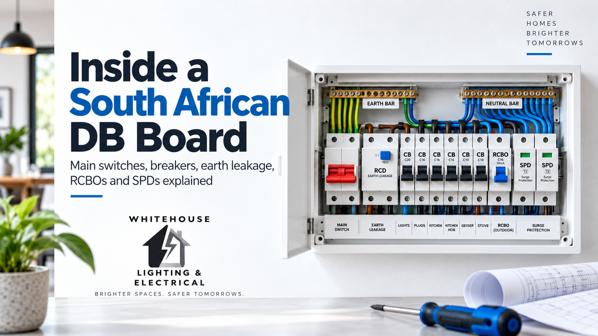 Open South African distribution board showing the main switch, earth leakage device, circuit breakers, RCBO, surge protection devices, earth bar and neutral bar.