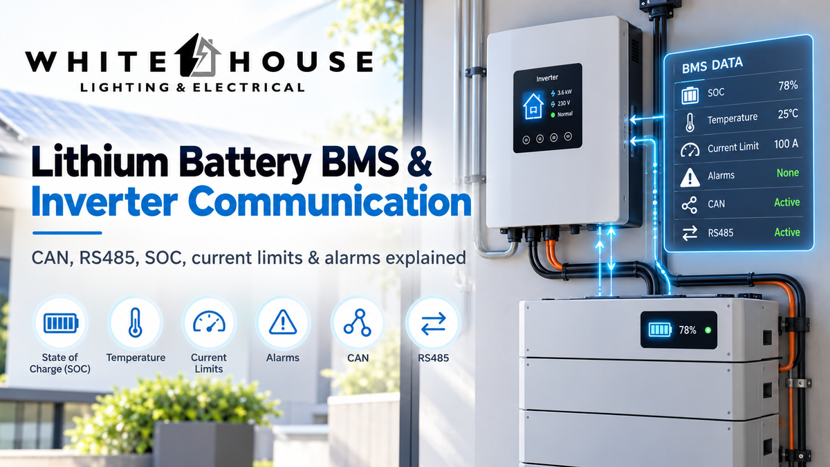 Lithium battery and inverter communication diagram showing BMS data such as state of charge, temperature, current limits, alarms, CAN and RS485 communication in a modern solar backup system.