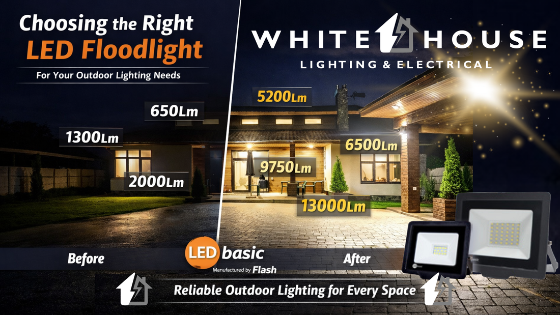 Outdoor LED floodlight buying guide showing before and after lighting levels with LED Basic lumens 650Lm 1300Lm 2000Lm 5200Lm 6500Lm 9750Lm 13000Lm manufactured by Flash, Blog by Whitehouse Lighting and Electrical