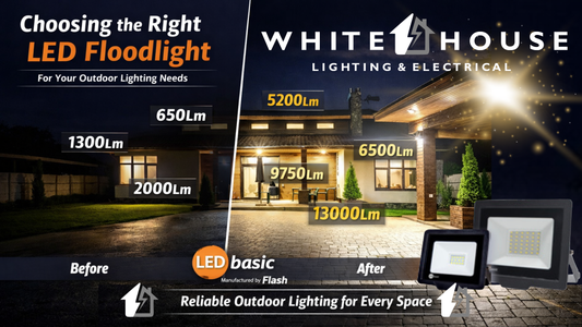 Outdoor LED floodlight buying guide showing before and after lighting levels with LED Basic lumens 650Lm 1300Lm 2000Lm 5200Lm 6500Lm 9750Lm 13000Lm manufactured by Flash, Blog by Whitehouse Lighting and Electrical