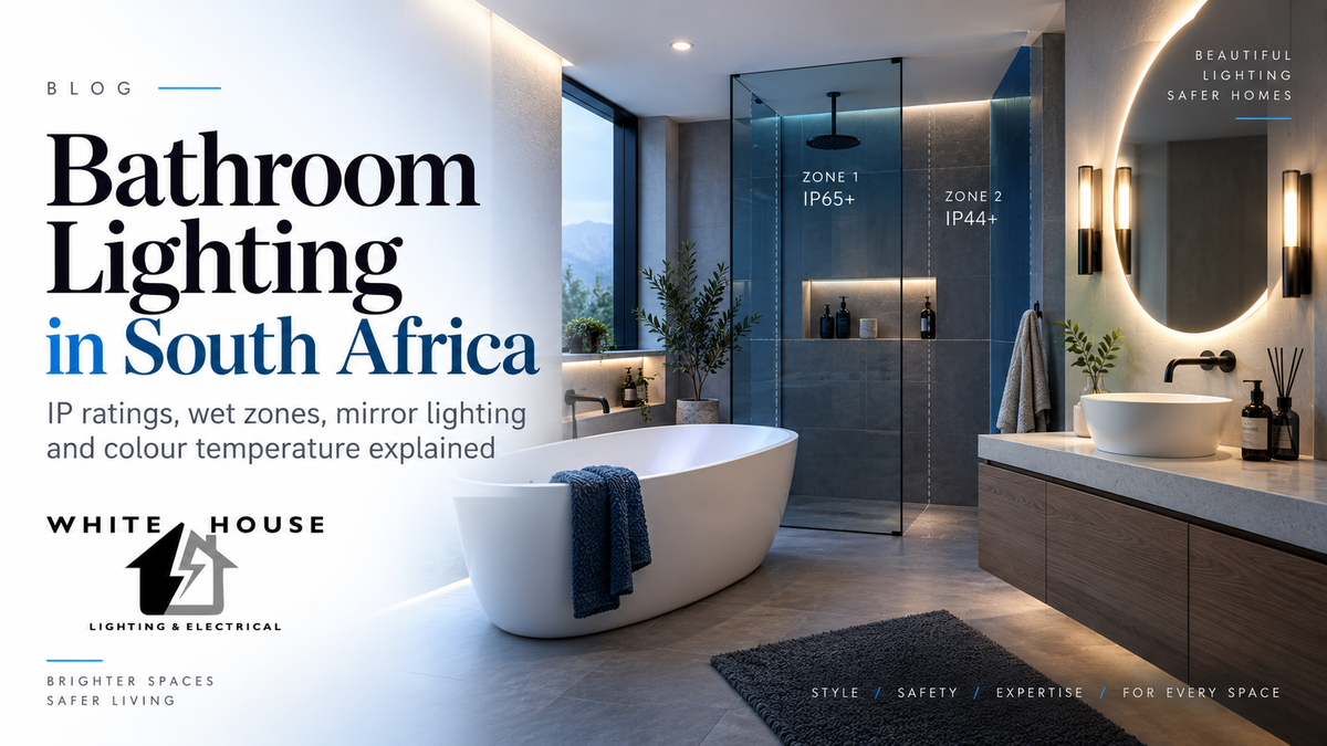 Modern South African bathroom with mirror lighting, wall sconces, downlights and shower-zone lighting illustrating IP ratings and wet-area lighting.
