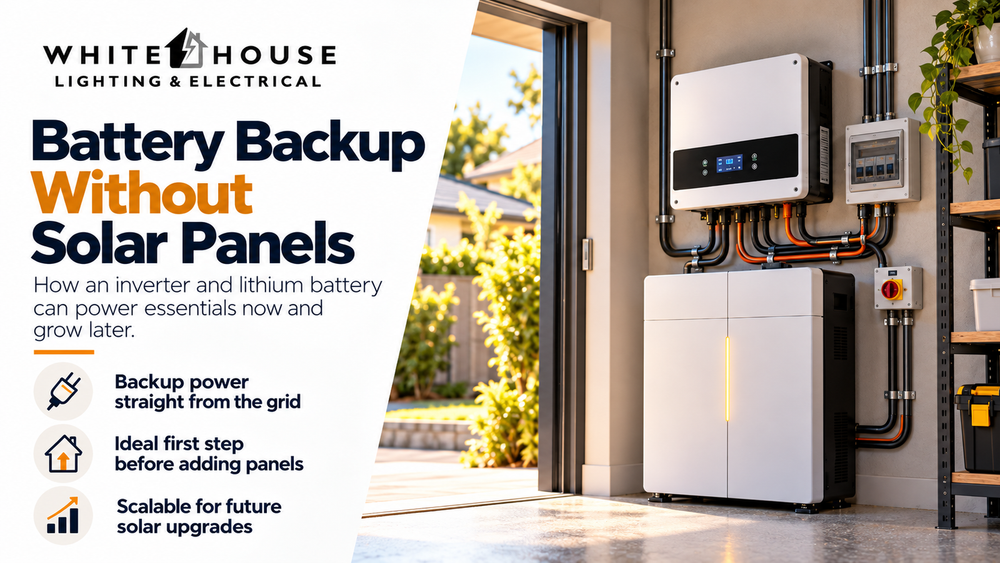 Inverter and lithium battery backup system operating without solar panels, showing a practical first step before adding PV later.