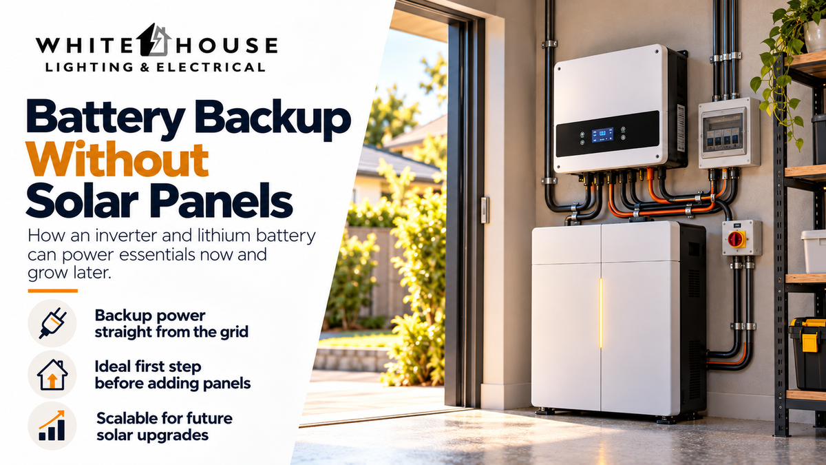 Inverter and lithium battery backup system operating without solar panels, showing a practical first step before adding PV later.