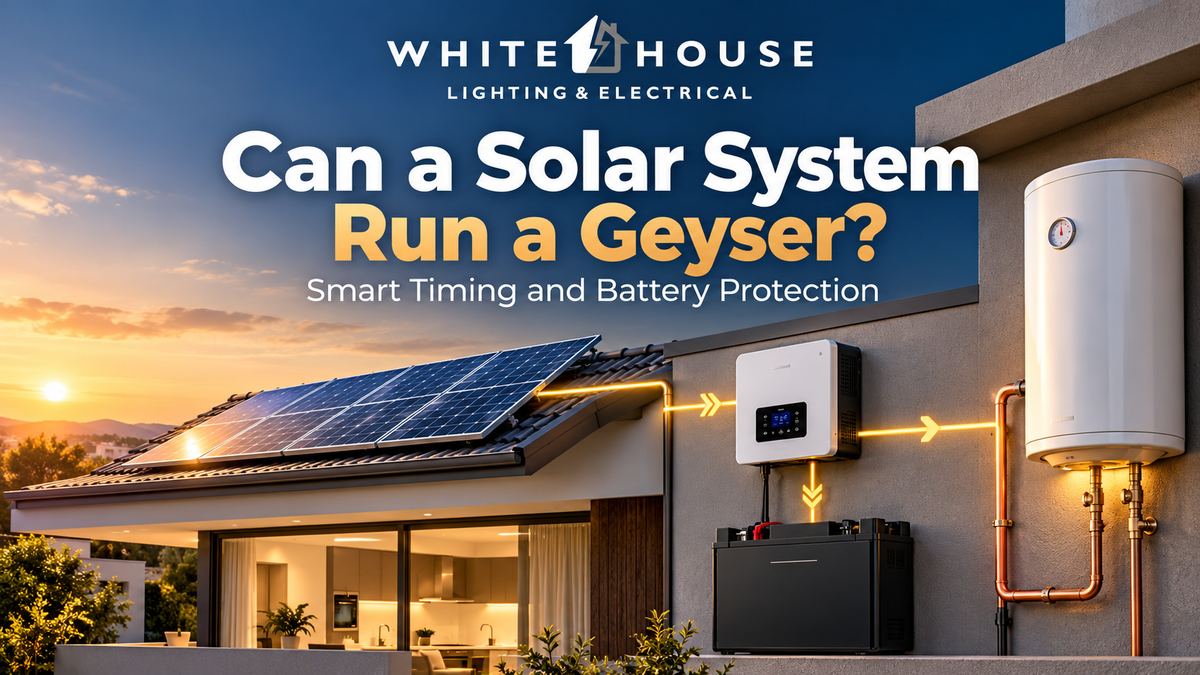 Electric geyser connected to a home solar system illustrating smart timing, daytime solar use and battery protection.