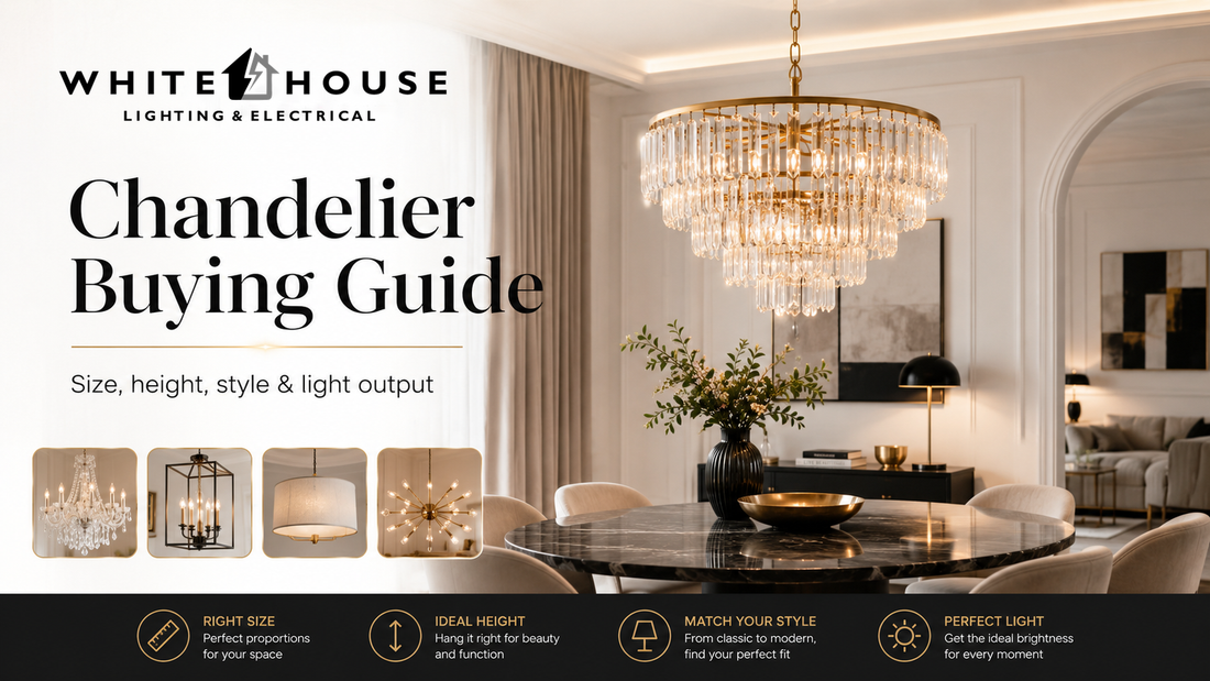 Elegant chandelier in a modern dining room with a guide to choosing the correct size, height, style and light output.