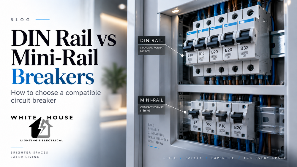 DIN rail and mini-rail circuit breakers compared inside an electrical distribution board to illustrate breaker compatibility and mounting formats.