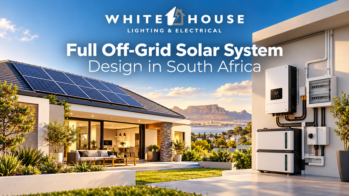 Complete off-grid solar system with rooftop panels, inverter and lithium battery storage for a modern South African home.